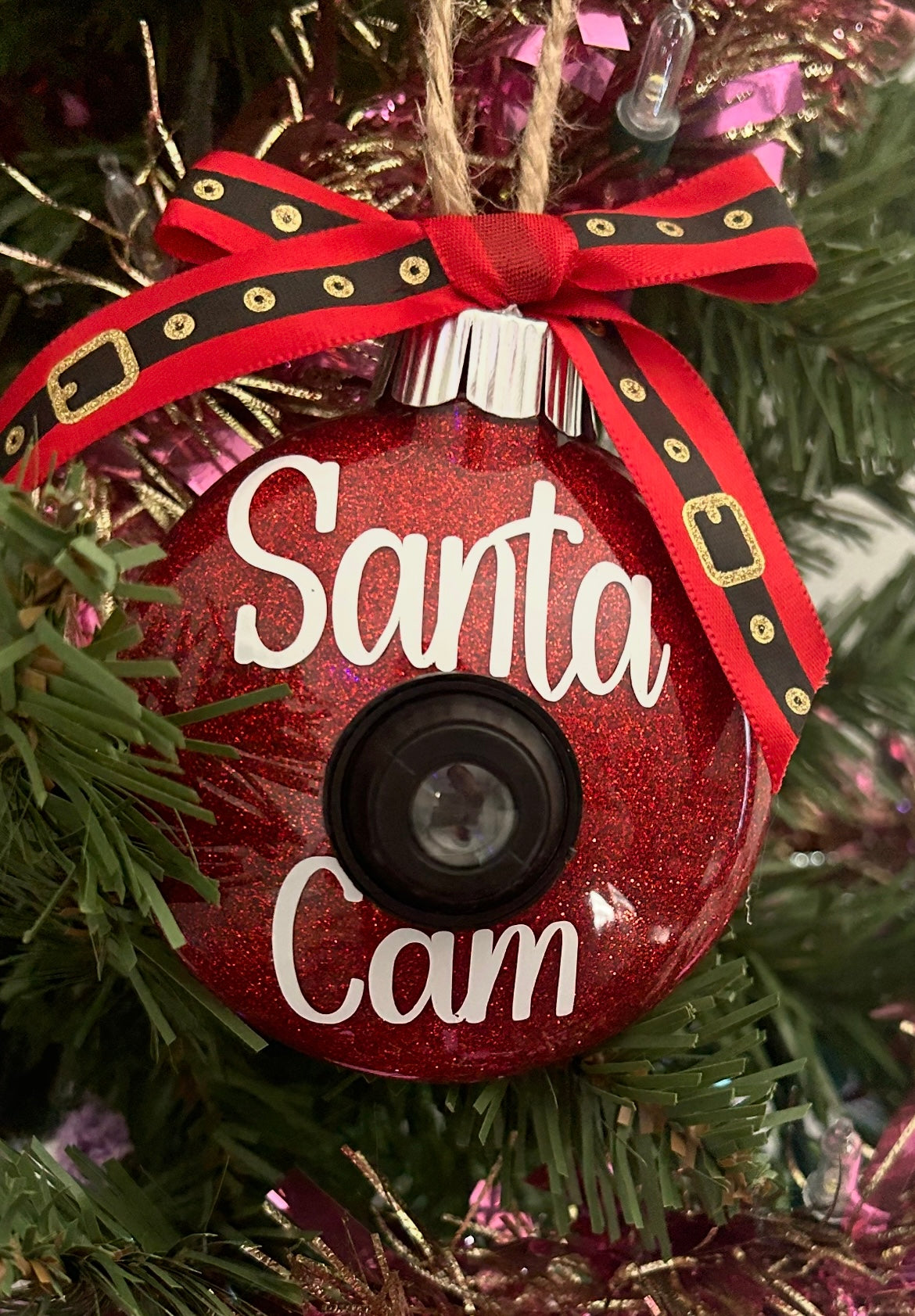Santa cam glitter Christmas ornament